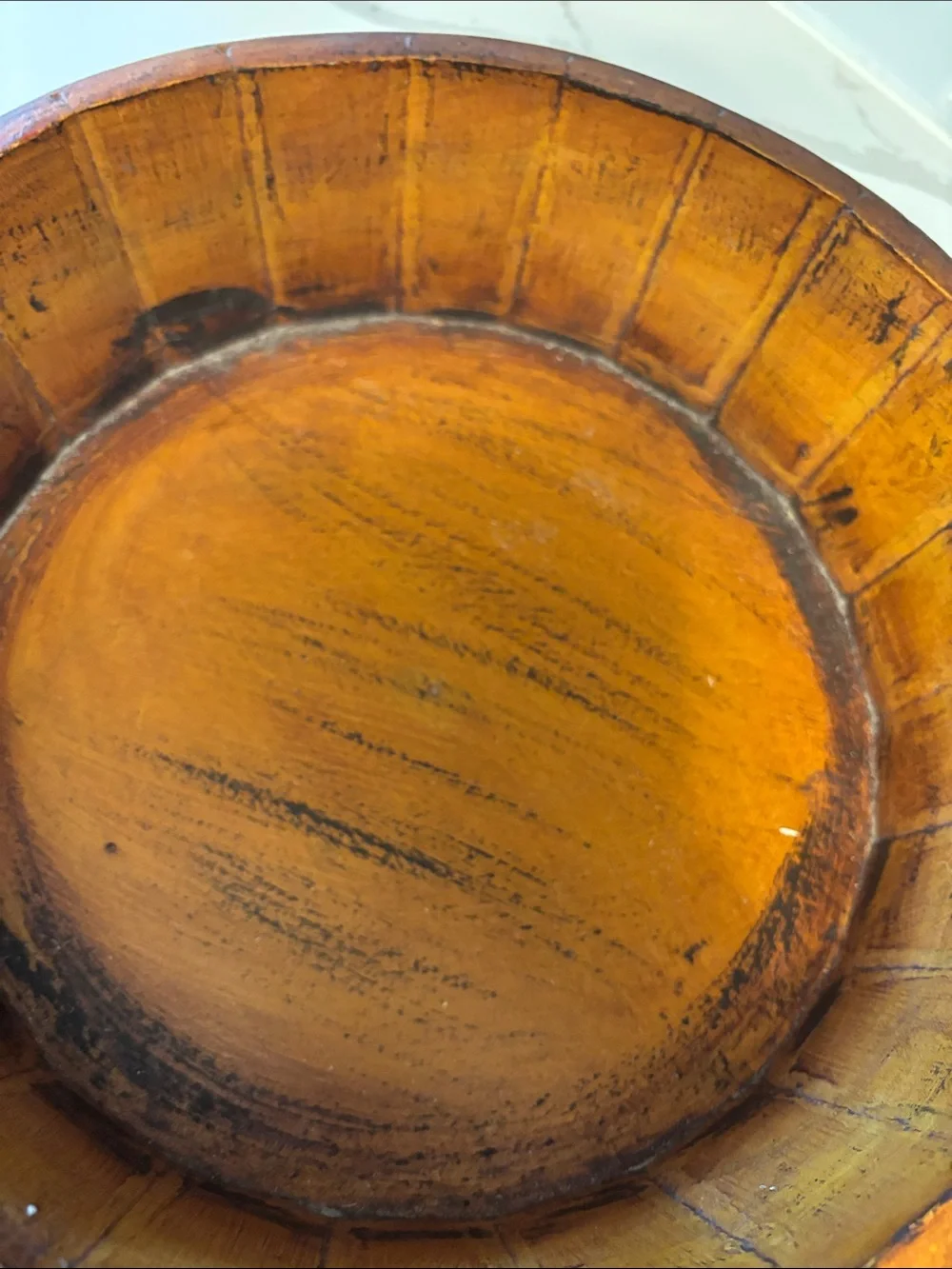 Vintage, Hand-Painted Rustic Orange Decorative Basket with Floral Accent